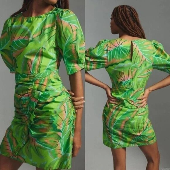 Farm Rio Anthropologie Lime Green Puff Sleeve Mini Dress Tropical NWT Size S - Picture 1 of 10